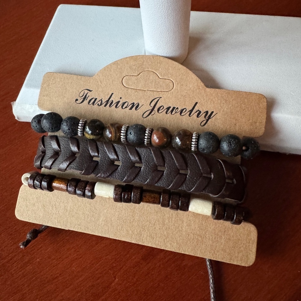 Brown Leather Adjustable and Stretch Bracelets Set